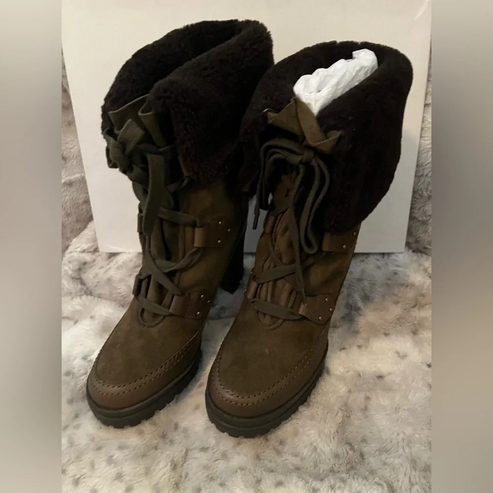SEE BY CHLOE VERENA PLATFORM GENUINE SHEARLING LINED LACEUP BOOT MSRP $555 SAGE